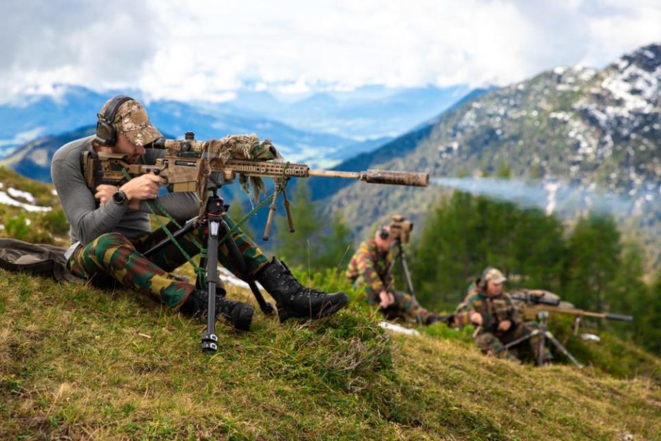 Belgian Special Forces sniper teams fire upon long-range targets from an elevated shooting range