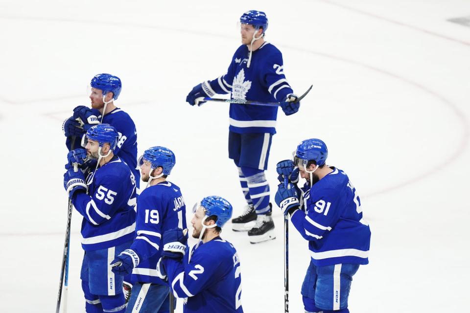 Toronto Maple Leafs captain John Tavares and teammates react after losing to the Florida Panthers in an NHL Stanley Cup playoff game in Toronto on May 12. THE CANADIAN PRESS/Chris Young