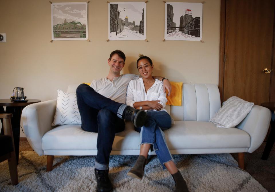 Brad Podray and his wife, Hannah Sung, at one of their Airbnb properties in 2019.