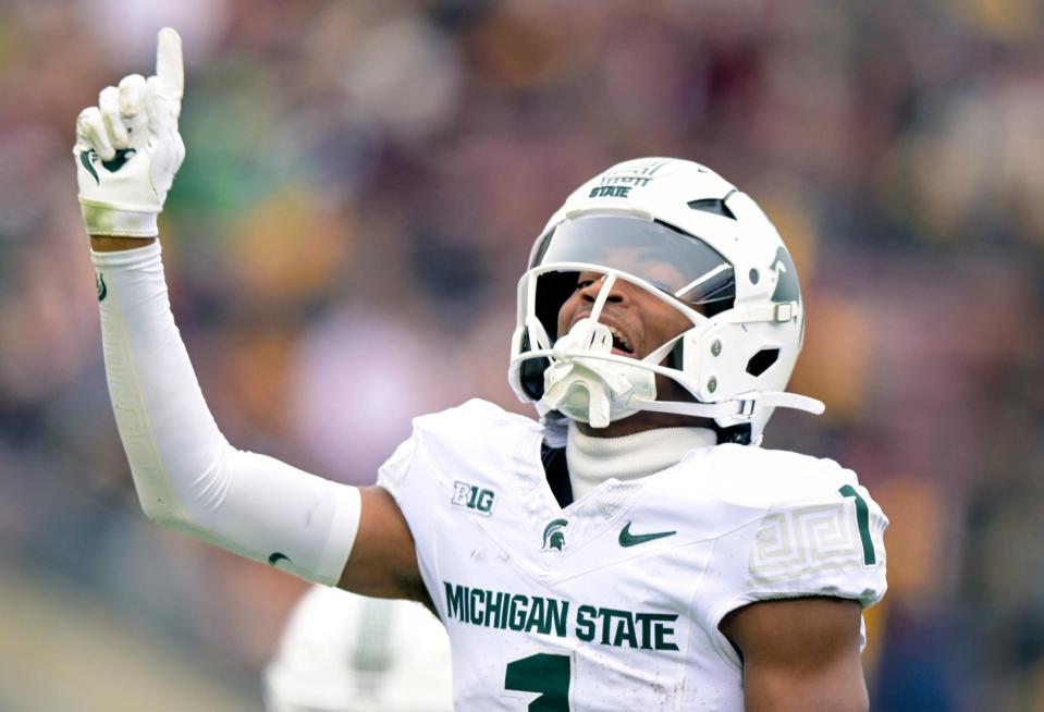 Michigan State Spartans defensive back Jaden Mangham celebrates his fumble recovery against the Minnesota Golden Gophers during the first quarter at Huntington Bank Stadium on October 28, 2023 in Minneapolis, Minnesota.
