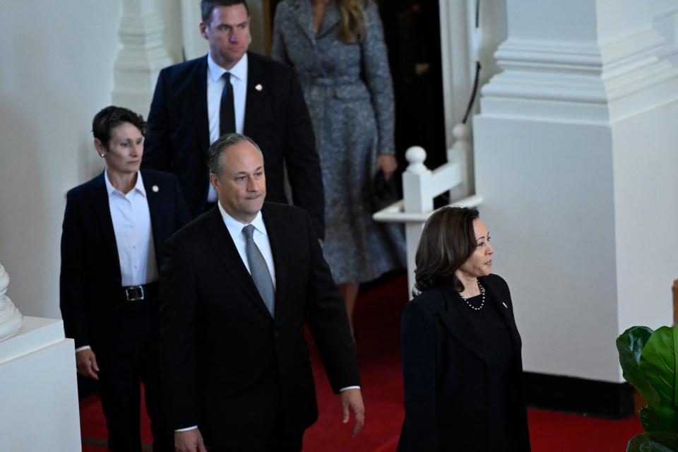 US Vice President Kamala Harris and US Second Gentleman Doug Emhoff arrive for a tribute service for former US first lady Rosalynn Carter at Glenn Memorial Church in Atlanta, Georgia, on November 28, 2023. (AFP via Getty Images)