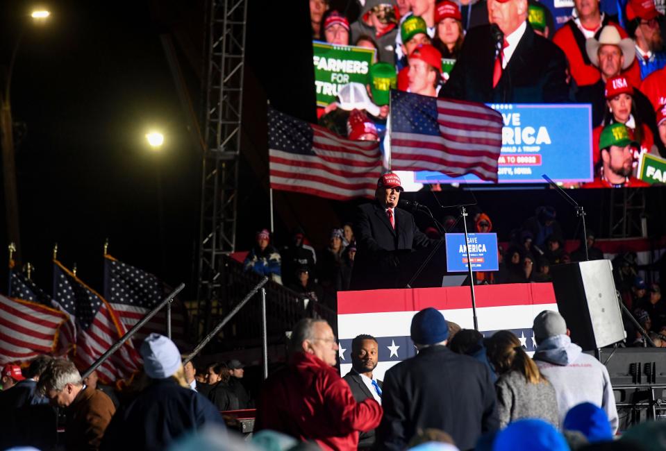 Former President Donald Trump speaks at a rally on Thursday at the Sioux City Gateway Airport in Iowa.