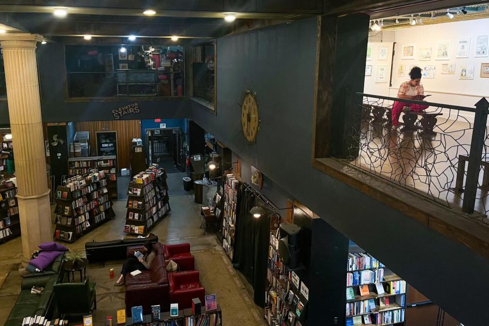 An interior view of a very large bookstore.