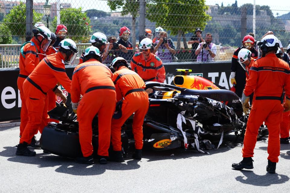 Sergio Perez’s Red Bull was left in pieces after a crash in Monaco (Getty Images)