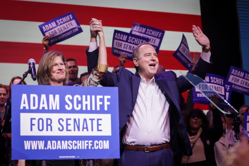 Eve Schiff and Adam Schiff wave at the crowd at campaign event, after Schiff advances in the California runoff senate race on March 5, 2024. Schiff spoke in front of a couple hundred people before members of the crowd began protesting the Israel-Gaza war and caused the event to end prematurely.