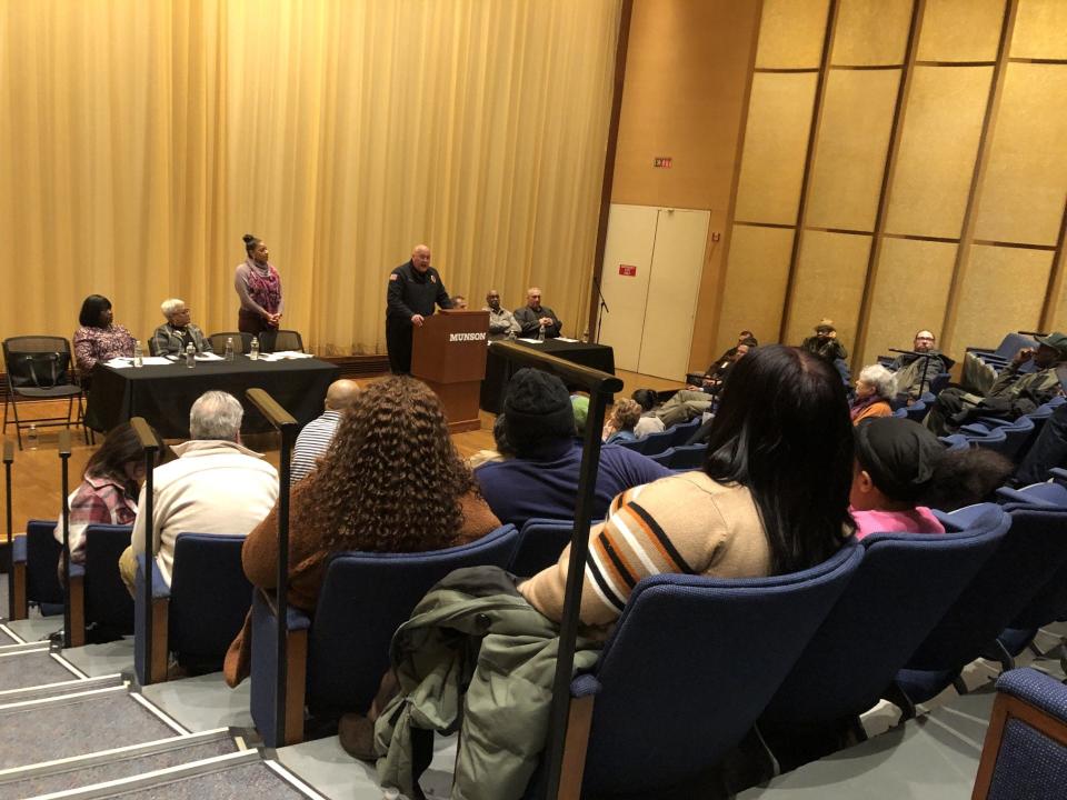 Utica Police Chief Mark Williams addresses the crowd at a town hall hosted by the Utica Citizens Public Safety Advisory Board to gather input from the community on Monday, Jan. 30, 2024 at the Munson auditorium in Utica.