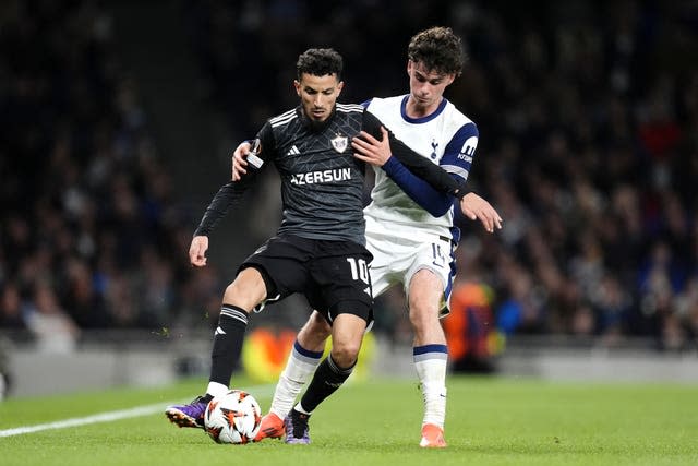 Archie Gray in action for Tottenham against Qarabag in the Europa League