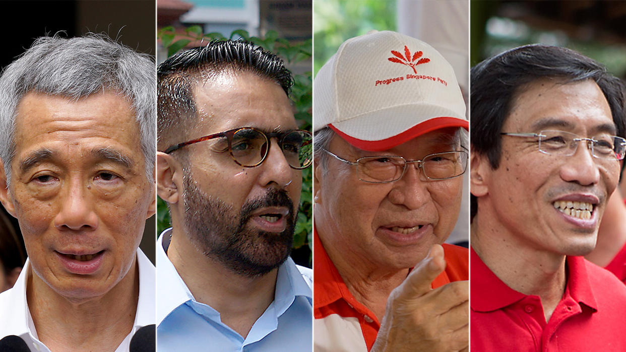 GE2020 candidates and party leaders (from left) Lee Hsien Loong of the People's Action Party, Pritam Singh of the Workers' Party, Dr Tan Cheng Bock of the Progress Singapore Party and Dr Chee Soon Juan of the Singapore Democratic Party. (PHOTOS: Yahoo News Singapore) 