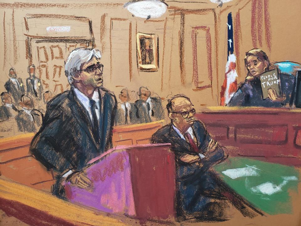 Courtroom sketch from the hearing with Judge Mary Kay Vyskocil in the case Bragg v. Jordan. / Credit: Jane Rosenberg