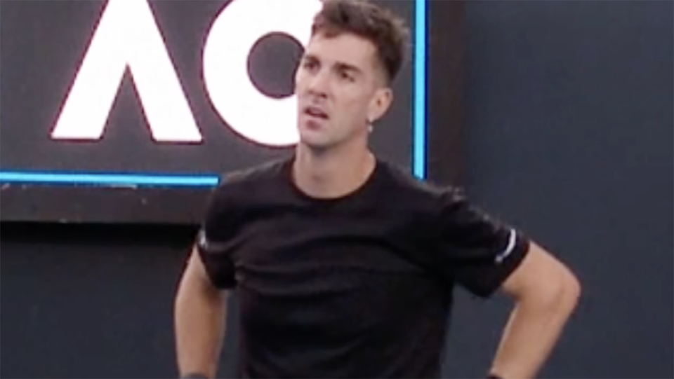 Thanasi Kokkinakis was knocked out of the Australian Open in the first round, just days after winning his first ATP title. Picture: Channel 9