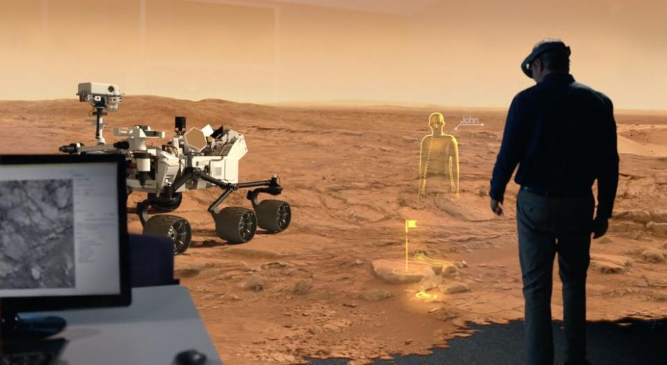 an illustration of a person using a virtual reality headset, while in the background a virtual avatar of the person can be seen on the martian surface