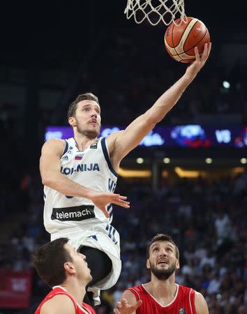 Basketball - Slovenia v Serbia - European Championships EuroBasket 2017 Final - Istanbul, Turkey - September 17, 2017 - Goran Dragic of Slovenia and Stefan Bircevic and Dragan Milosavljevic of Serbia in action. REUTERS/Osman Orsal