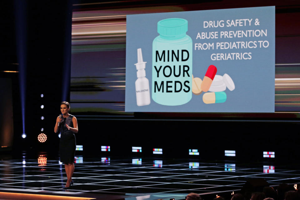 Camille Schrier, of Virginia, addresses her concern about drug safety to the audience prior to winning the Miss America competition at the Mohegan Sun casino in Uncasville, Conn., Thursday, Dec. 19, 2019. (AP Photo/Charles Krupa)