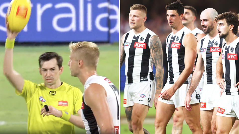 The umpire signals a free kick against Collingwood on the left, with Magpies players walking off the field on the right.