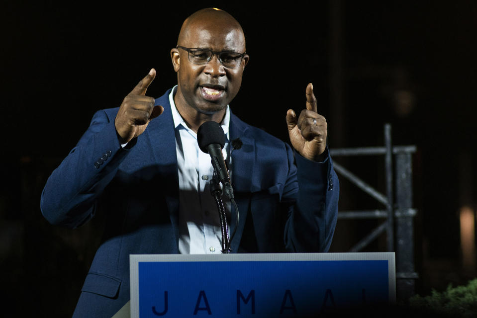 FILE - This June 23, 2020 file photo shows Jamaal Bowman speaking to attendees during his primary-night party. (AP Photo/Eduardo Munoz Alvarez, FIle)