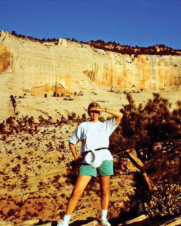 A fanny pack <em>and </em>a visor? Stewart knew how to hike in style! 