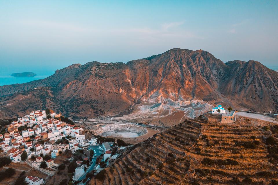 Prophet Elias Church overlooking the little village of Nikia in Nisyros.