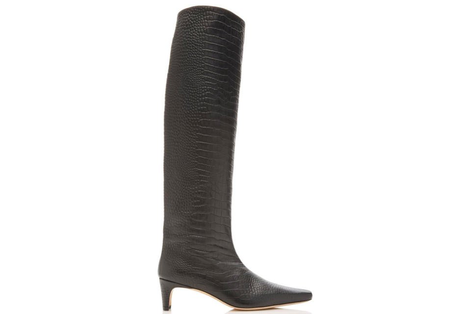 black boots, embossed, croc, staud