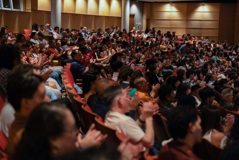 Family and friends of Latinx graduates cheer for their students during the University of Texas at Austin Latinx Graduation Latinx Graduation On Thursday, May 9, 2024 in Austin. The bilingual ceremony has been a tradition for Latinx students of UT for years prior.