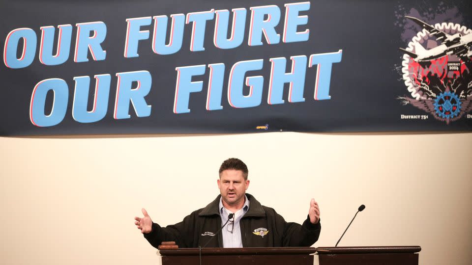 Aerospace Machinists District 751 President Jon Holden announces union members have rejected a proposed Boeing contract and will go on strike, following voting results at their union hall in Seattle, Washington, on September 12, 2024. - Jason Redmond/AFP/Getty Images