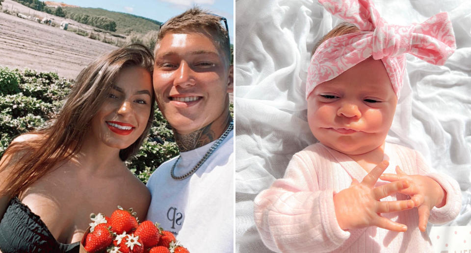 Cristina Vercher and her partner with their baby daughter dressed in pink.