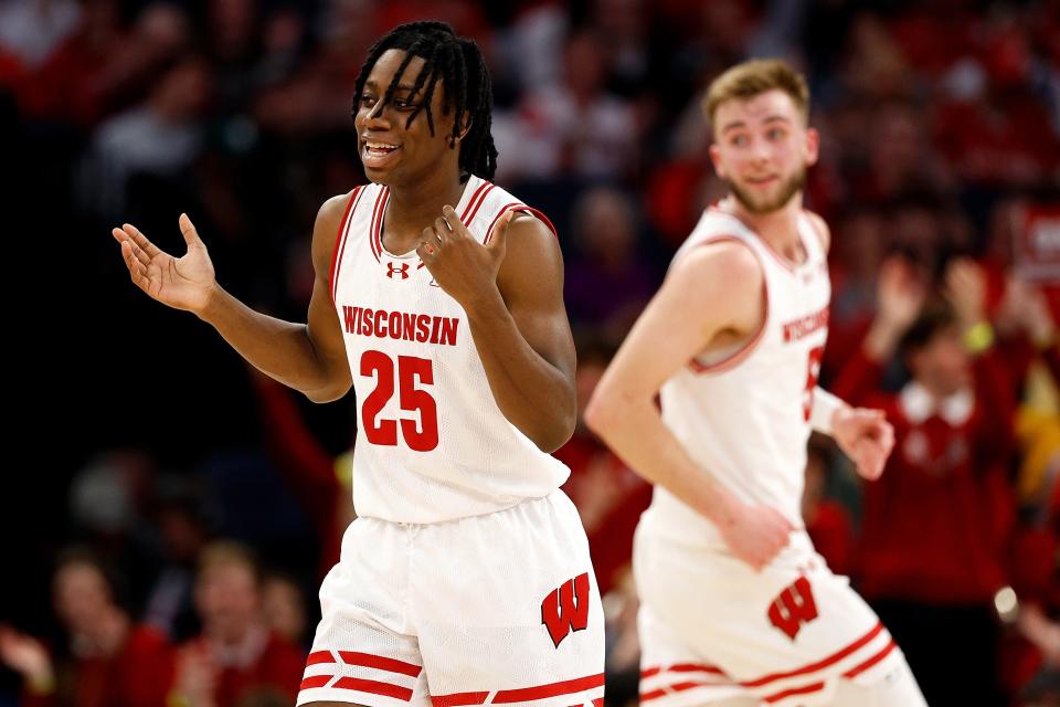 Wisconsin's John Blackwell celebrates a first-half basket against Maryland in a Big Ten tournament second-round game Thursday at the Target Center in Minneapolis.