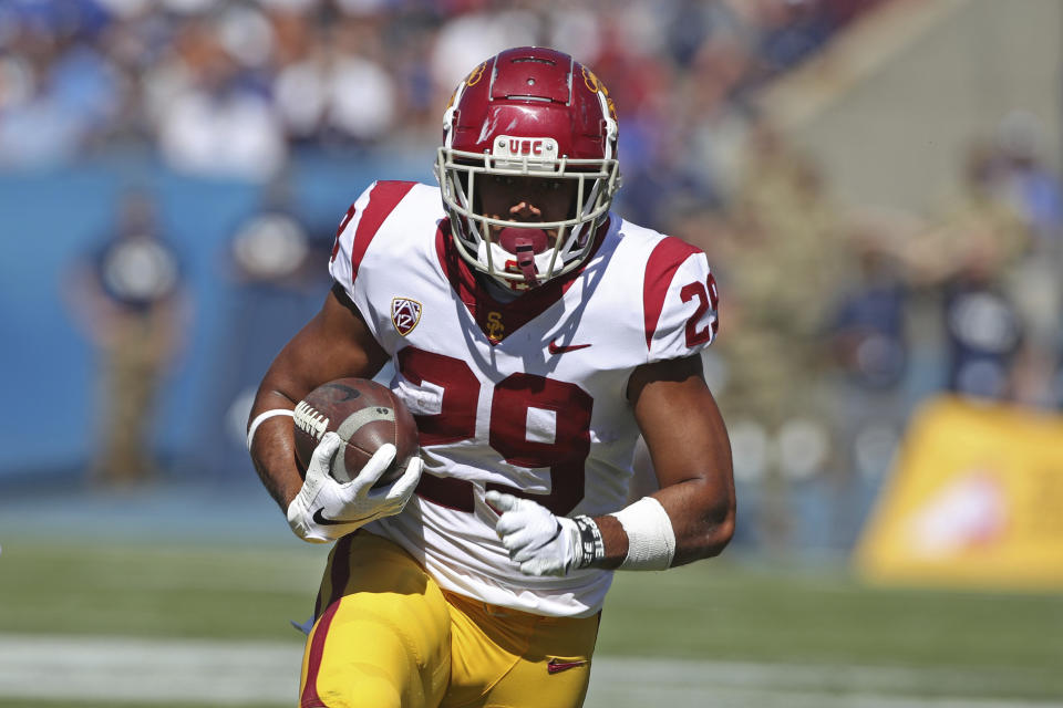 Southern California running back Vavae Malepeai (29) runs the ball in the first half against BYU during an NCAA college football game, Saturday, Sept. 14, 2019, in Provo, Utah. (AP Photo/George Frey)