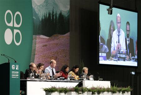 President of COP19 Marcin Korolec (C) claps as final decisions are made at the closing session during the 19th conference of the United Nations Framework Convention on Climate Change (COP19) in Warsaw November 23, 2013. REUTERS/Kacper Pempel