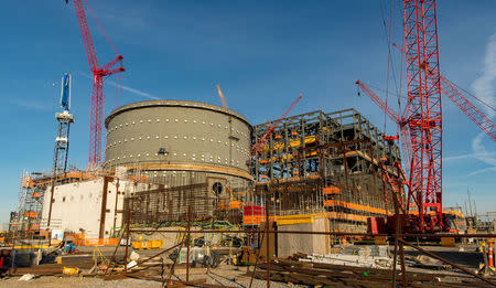 The Voglte Unit 3 nuclear island and turbine building are seen during their construction by primary contactor Westinghouse, a business unit of Toshiba, near Waynesboro, Georgia, U.S. in an undated handout photo. Georgia Power/Handout via REUTERS