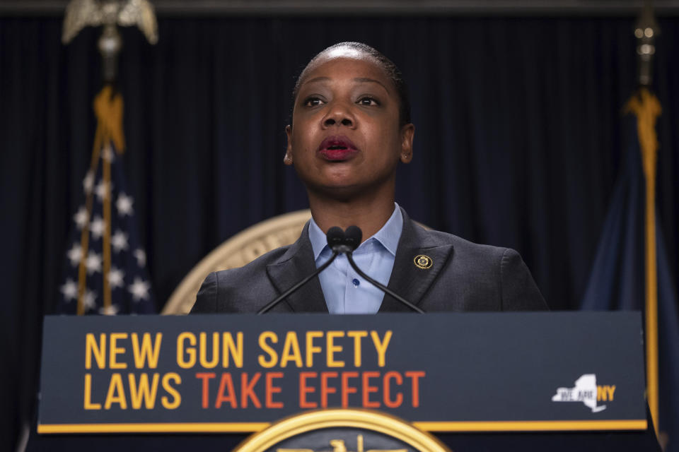 New York City Police Commissioner Keechat Sewell speaks during a news conference about upcoming “Gun Free Zone" implementation at Times Square, Wednesday, Aug. 31, 2022, in New York. (AP Photo/Yuki Iwamura)