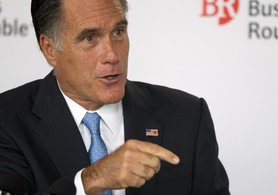 Republican presidential candidate, former Massachusetts Gov. Mitt Romney speaks during the Business Roundtable quarterly meeting at the Newseum in Washington, Wednesday, June 13, 2012. (AP Photo/Evan Vucci)