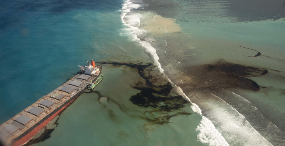 Oil leaking from the MV Wakashio, a bulk carrier ship that recently ran aground off Mauritius.