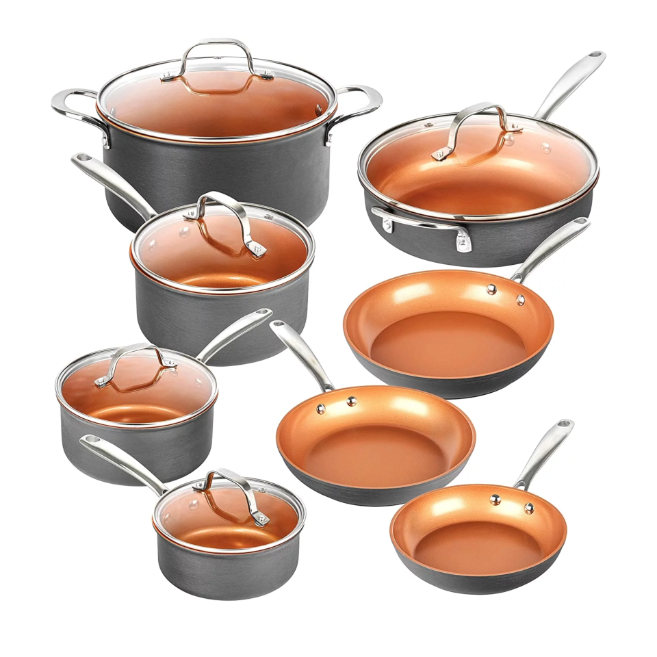 <p><a href="https://go.redirectingat.com?id=74968X1596630&url=https%3A%2F%2Fwww.walmart.com%2Fip%2FGotham-Steel-Pro-Cookware-Set-Hard-Anodized-Pots-and-Pans-Set-PFOA-Free-Cookware-Set-Dishwasher-Safe%2F992142121&sref=https%3A%2F%2F" rel="nofollow noopener" target="_blank" data-ylk="slk:Shop Now;elm:context_link;itc:0;sec:content-canvas" class="link ">Shop Now</a></p><p>Gotham Steel Pro Cookware 8 - Piece Set </p><p>walmart.com</p><p>$99.96</p><span class="copyright">Gotham Steel </span>