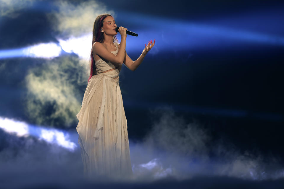 Eden Golan representing Israel with the song 'Hurricane' performs during the final dress rehearsal ahead of the Eurovision Song Contest final, at the Malmo Arena, in Malmo, Sweden, Saturday, May 11, 2024. (Andreas Hillergren /TT News Agency via AP)