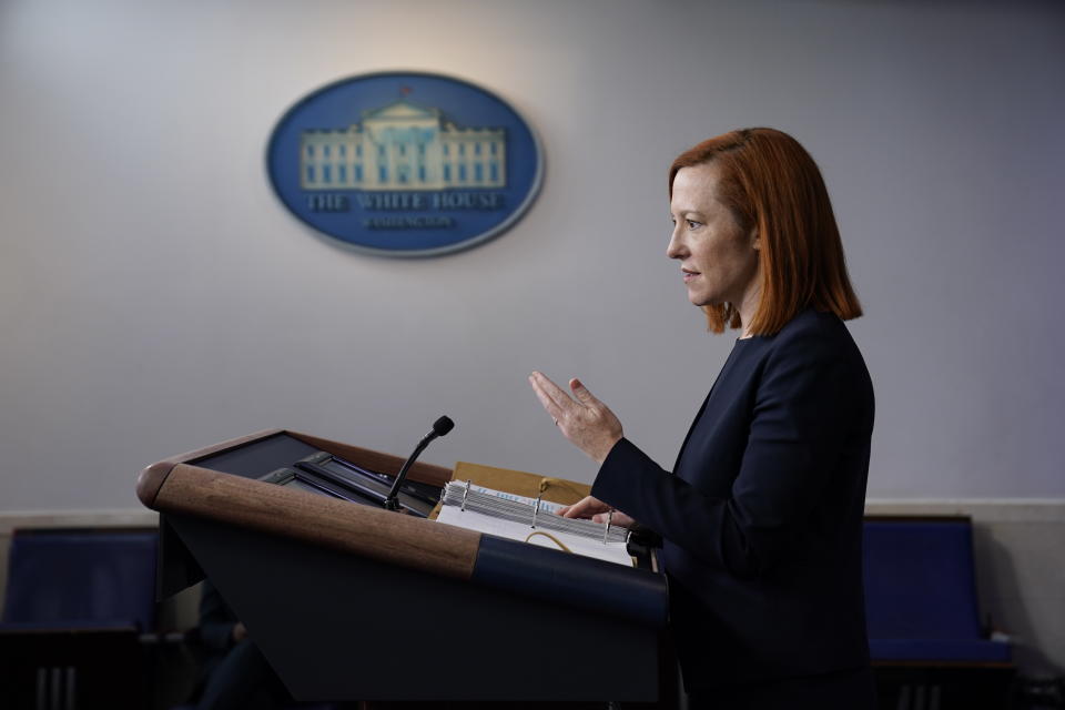 White House press secretary Jen Psaki speaks during a press briefing at the White House, Friday, Feb. 12, 2021, in Washington. (AP Photo/Evan Vucci)