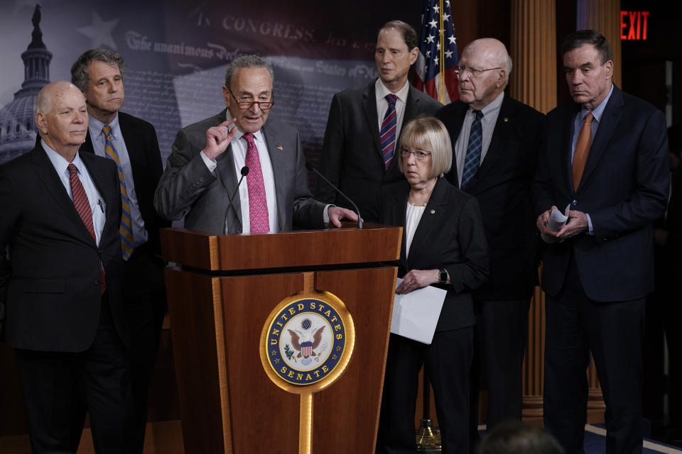 Senate Minority Leader Chuck Schumer (D-N.Y.) and fellow Democrats hold a news conference March 11 to discuss emergency paid sick leave to assist people whose jobs are affected by the coronavirus outbreak. (Photo: J. Scott Applewhite/ASSOCIATED PRESS)