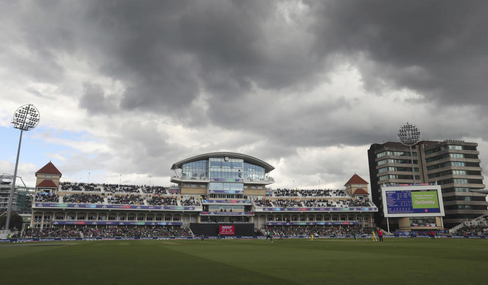 FILE - A general view of Trent Bridge during the Cricket World Cup match between Australia and Bangladesh at Trent Bridge in Nottingham, England, Thursday, June 20, 2019. The first women’s cricket test match played over five days will take place in 2023 when England and Australia meet in the Ashes. Women’s test matches have traditionally been played over four days as opposed to five in the men’s game. Only six women’s tests have taken place worldwide since 2017 and all of them finished in draws after time ran out. (AP Photo/Rui Vieira, File)