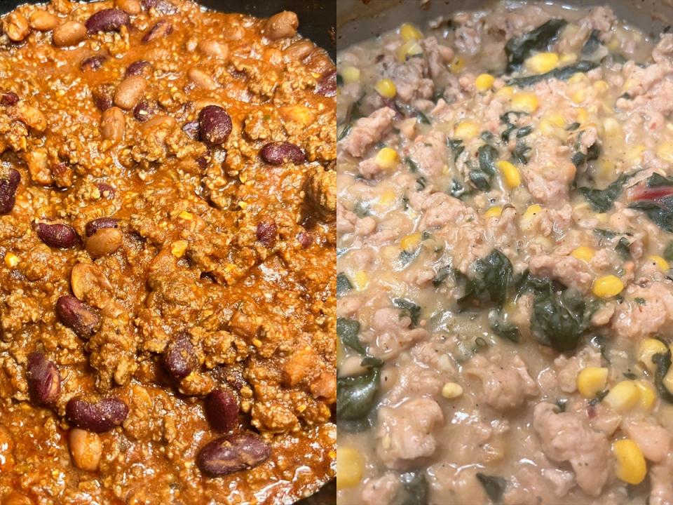 Red-color chili in a pot with beans and light-color chili in a pot with Swiss chard and corn