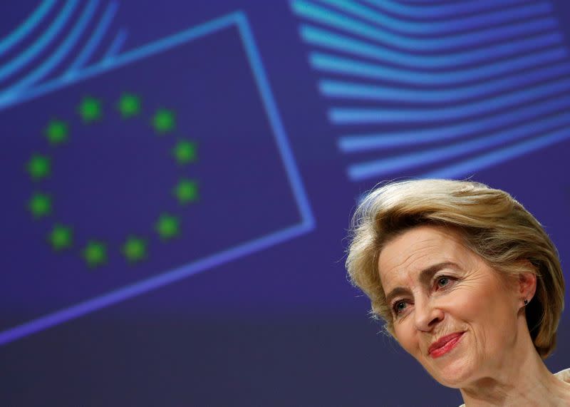 FILE PHOTO: European Commission President Ursula von der Leyen briefs the media after the first meeting of her new college of commissioners in Brussels