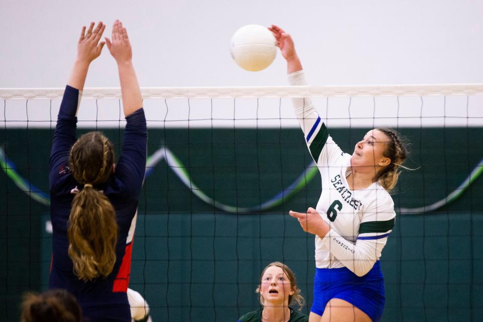 Seacrest Country Day School's Breanah Rives (6) jumps for the ball during the Bradenton Christian and Seacrest Country Day School volleyball 2A regional final on Saturday, Nov. 6, 2021 at Seacrest Country Day School in Naples, Fla. 