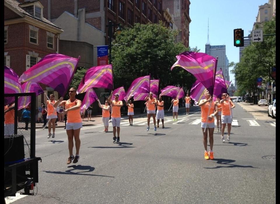 From Daniel Douglass, founder/director of Flaggots: "Here's a photo of FLAGGOTS performing to Whitney Houston's 'I Wanna Dance with Somebody' at Philly Pride, June 10.  FLAGGOTS are a group of friends from the color guard and drum corps community that come together to celebrate Pride in a most fabulous way. Founded in 1991, they have performed in at least one pride event a year for 23 consecutive years.'  