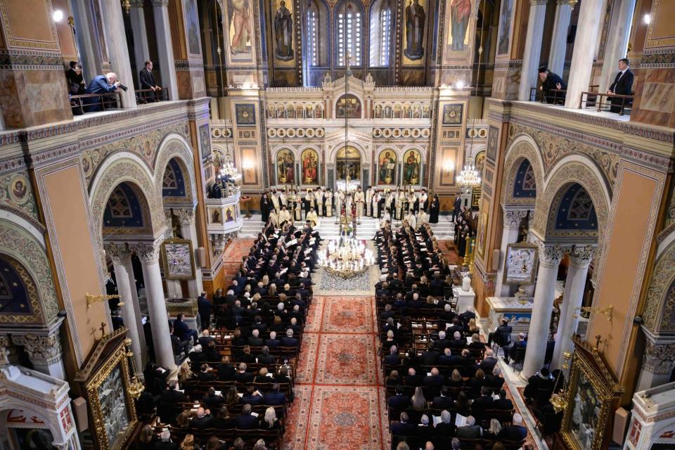 ATHENS, GREECE - JANUARY 16: General view of the funeral of Former King Constantine II of Greece on January 16, 2023 in Athens, Greece. Constantine II, Head of the Royal House of Greece, reigned as the last King of the Hellenes from 6 March 1964 to 1 June 1973, and died in Athens at the age of 82. (Photo by Nikolas Kominis - Pool/Getty Images )