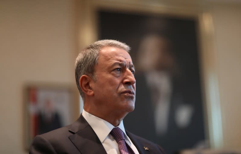 Turkish Defence Minister Akar speaks during an interview with Reuters in Ankara