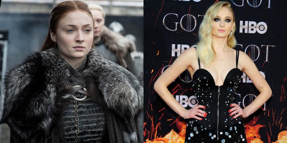 <p>From left: Turner as Sansa Stark in Season 8; Turner at the <em>GoT</em> Season 8 premiere on April 3, 2019. </p>