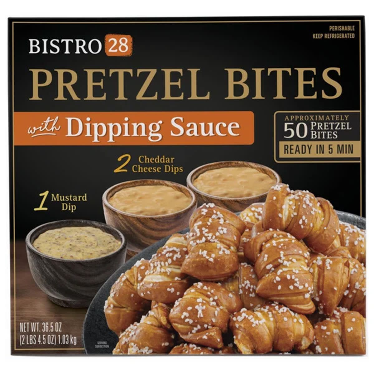 A box of Bistro 28 Pretzel Bites against a white background