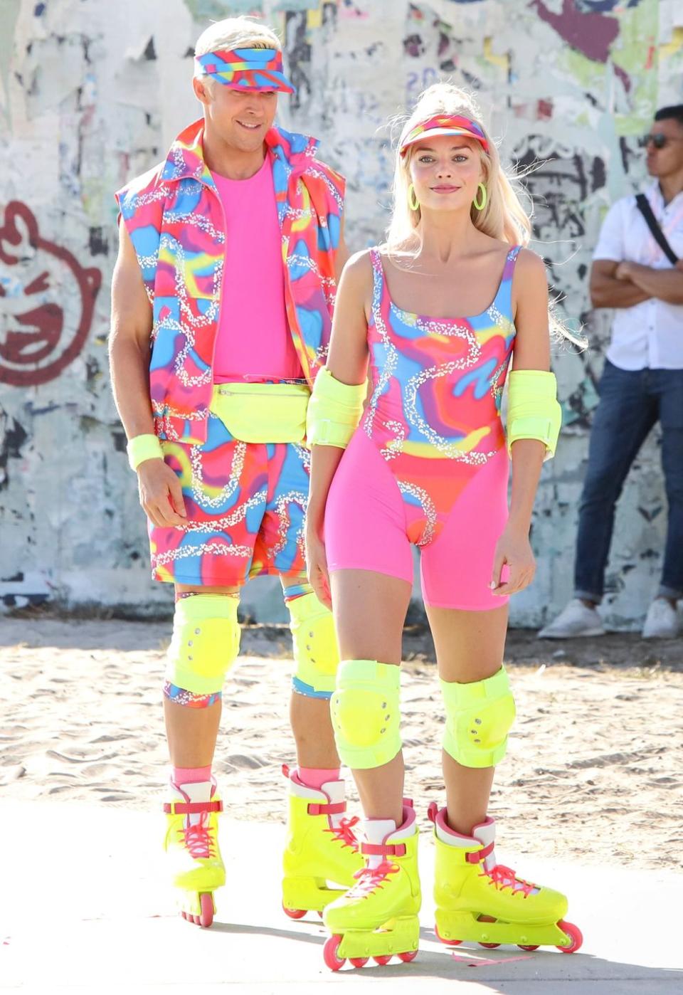 los angeles, ca june 28 margot robbie and ryan gosling are seen rollerblading on the set of barbie on june 28, 2022 in los angeles, california photo by megagc images