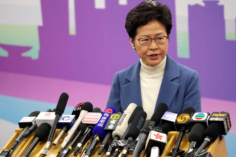 Hong Kong Chief Executive Carrie Lam attends a news conference in Beijing