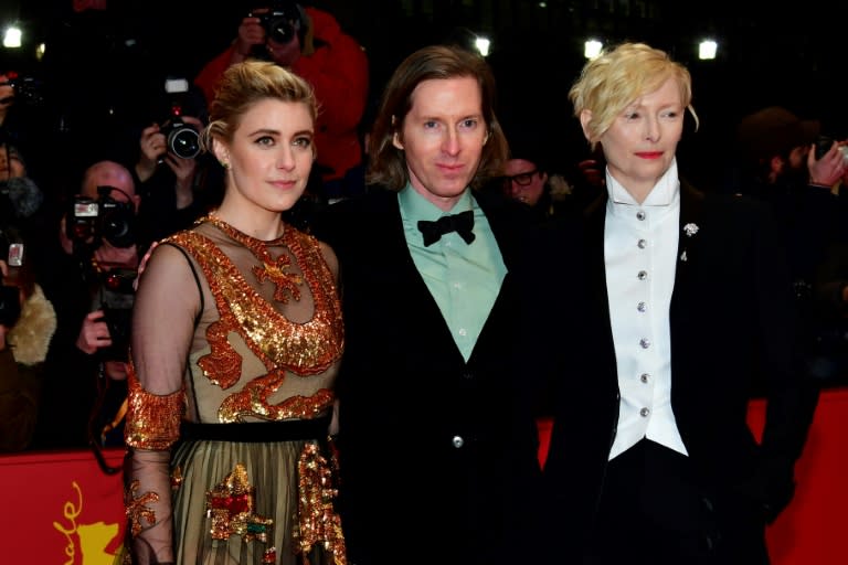 British actress Tilda Swinton (R) and US actress Greta Gerwig with US director Wes Anderson at the opening of the Berlinale