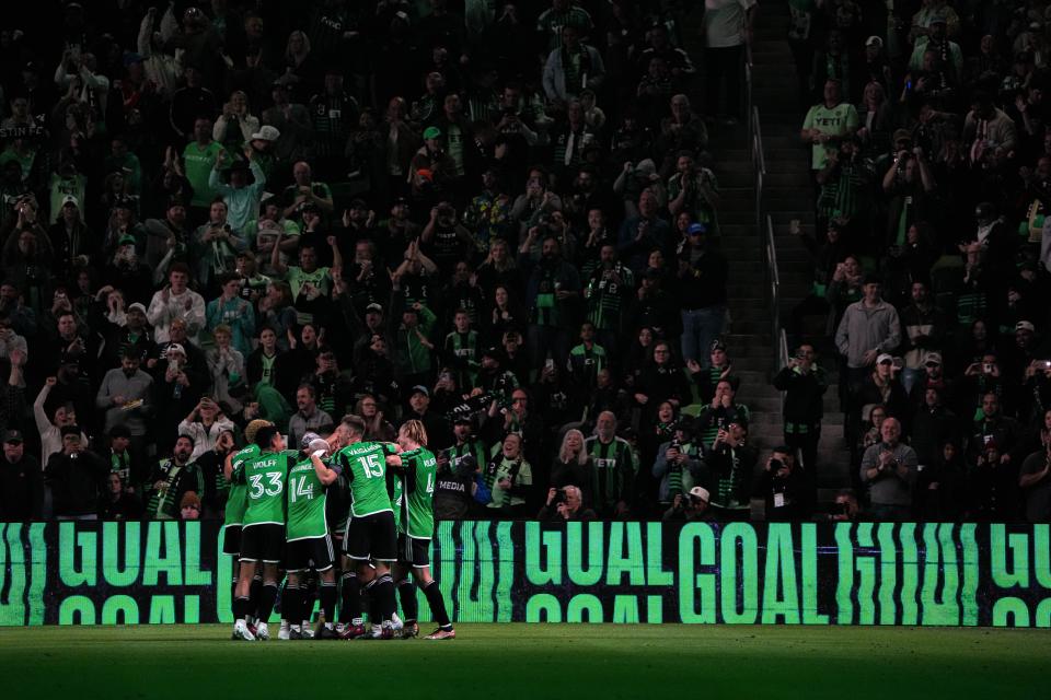 Austin FC players celebrate their second goal of the season Saturday night at Q2 Stadium. The goal would also be their last of a season-opening 3-2 loss to MLS expansion club St. Louis City SC. “This will make us better," head coach Josh Wolff said. "It hurts in the short term, but in the long run, it’ll be a good reminder for us.”
