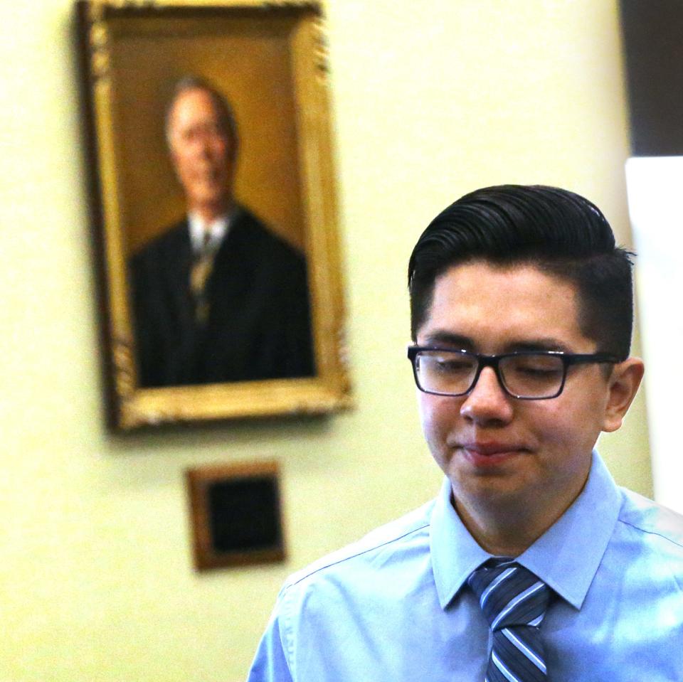 Mauricio Guerrero leaves the witness stand for a morning break during his trial at Strafford County Superior Court in Dover Monday, May 15, 2023.